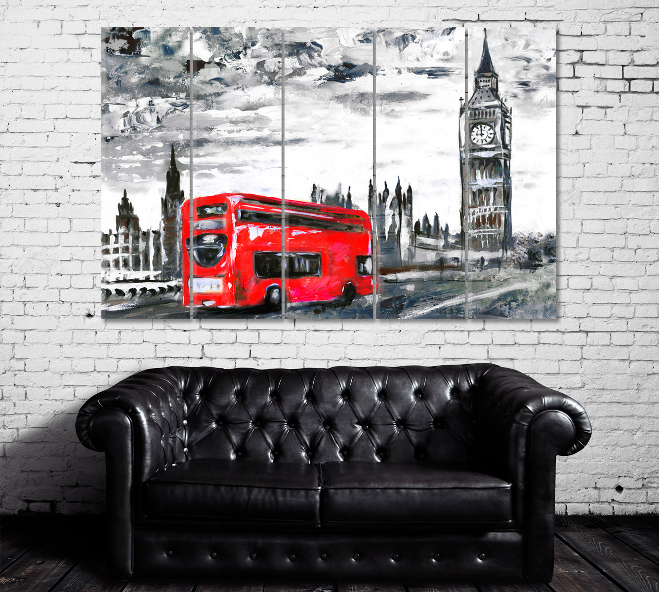 London with Red Bus and Big Ben Canvas Print ArtLexy 5 Panels 36"x24" inches 