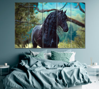 Young Friesian Stallion Canvas Print ArtLexy 5 Panels 36"x24" inches 