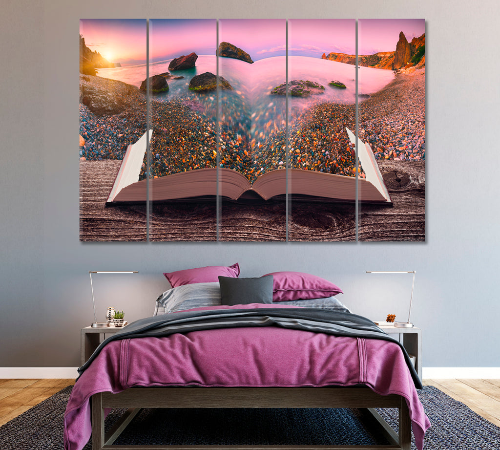 Sunrise over Sea Bay on Pages of Magical Book Canvas Print ArtLexy 5 Panels 36"x24" inches 