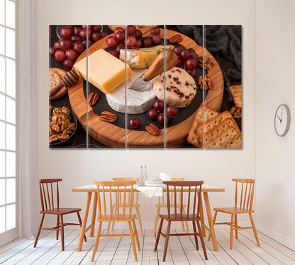 Various Cheese on Wooden Board Canvas Print ArtLexy 5 Panels 36"x24" inches 