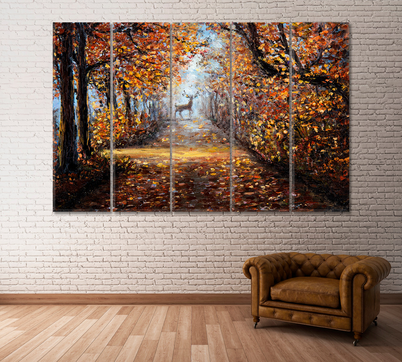 Deer in Autumn Forest Canvas Print ArtLexy 5 Panels 36"x24" inches 
