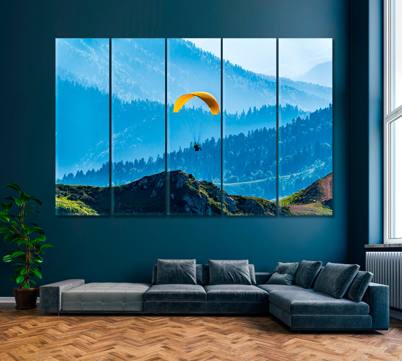 Yellow Paraglider over Green Mountains Canvas Print ArtLexy 5 Panels 36"x24" inches 