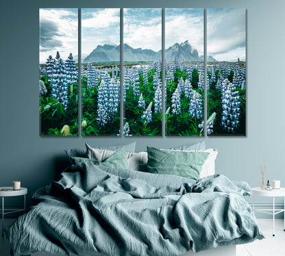 Vestrahorn (Batman Mountain) with Blooming Lupine Flowers Canvas Print ArtLexy 5 Panels 36"x24" inches 