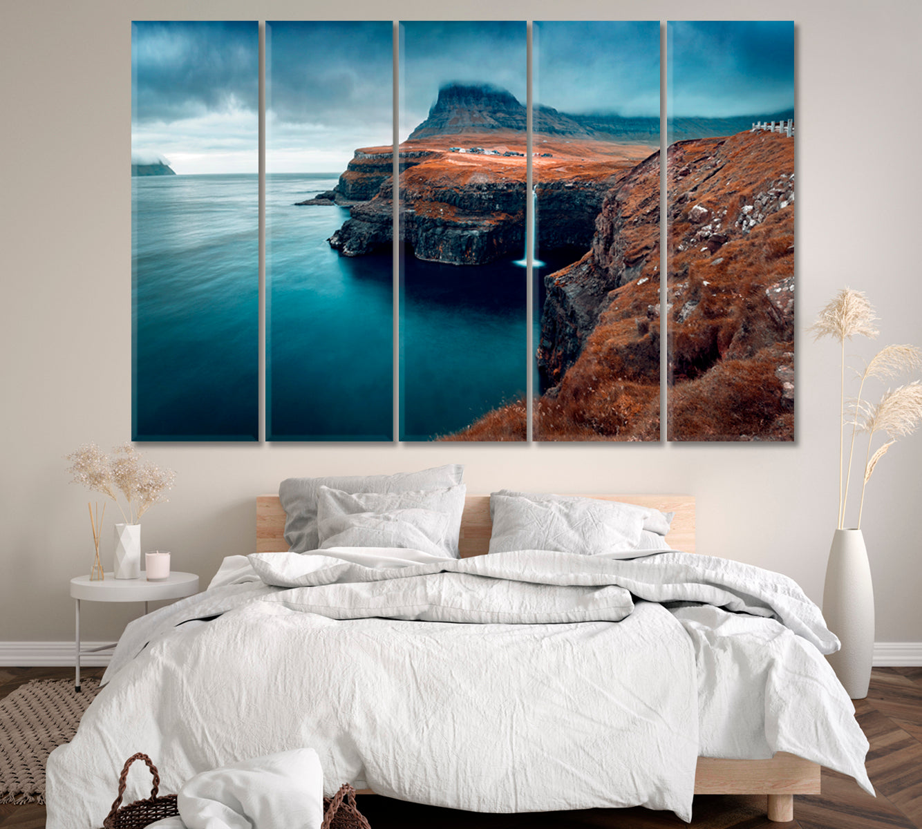 Gasadalur Village with Mulafossur Waterfall in Autumn Faroe Islands Canvas Print ArtLexy 5 Panels 36"x24" inches 