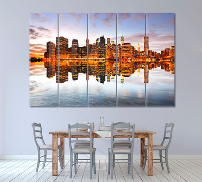 Manhattan Skyline Reflection at Twilight Canvas Print ArtLexy 5 Panels 36"x24" inches 