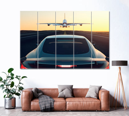 Sports Car and Airplane on Same Road Canvas Print ArtLexy 5 Panels 36"x24" inches 