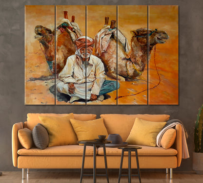 Old Bedouin with Camels in Desert Canvas Print ArtLexy 5 Panels 36"x24" inches 