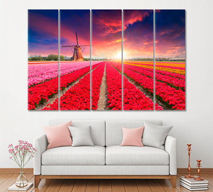 Tulip Fields and Windmill Netherlands Canvas Print ArtLexy 5 Panels 36"x24" inches 