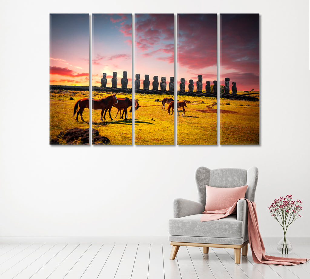Wild Horses on Easter Island Chile Canvas Print ArtLexy 5 Panels 36"x24" inches 