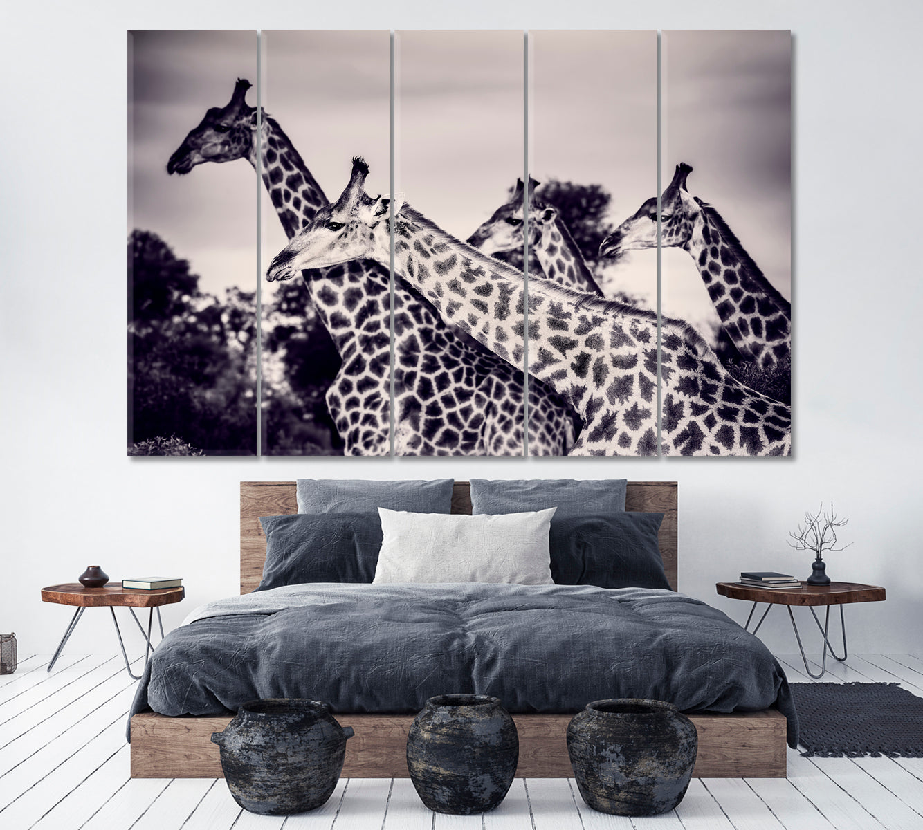 Giraffes in Black and White Canvas Print ArtLexy 5 Panels 36"x24" inches 