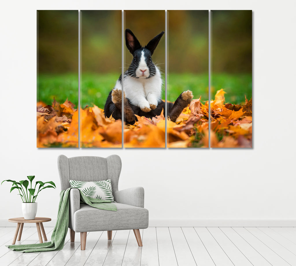 Rabbit Sitting in Autumn Leaves Canvas Print ArtLexy 5 Panels 36"x24" inches 