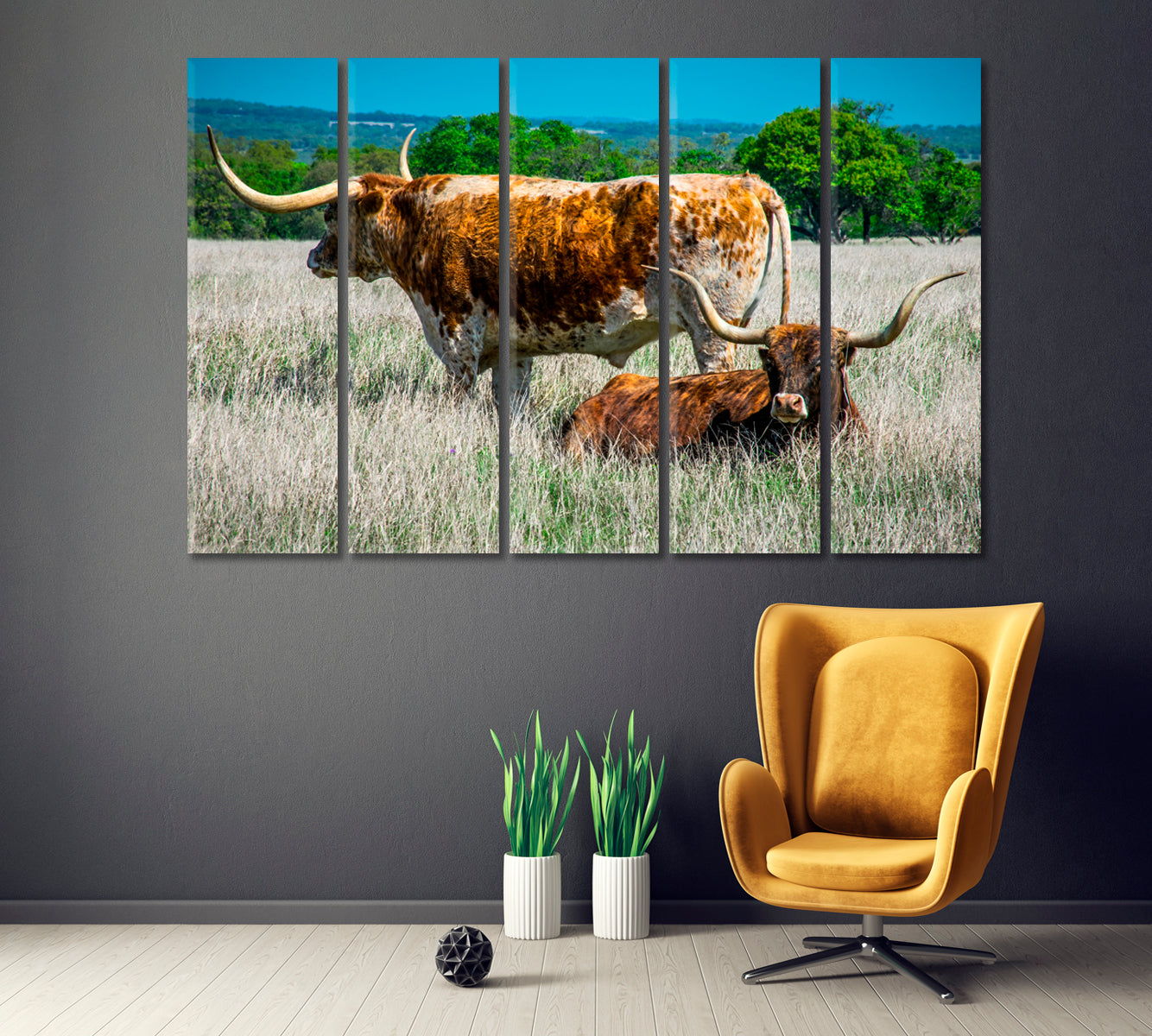 Texas Longhorn Canvas Print ArtLexy 5 Panels 36"x24" inches 