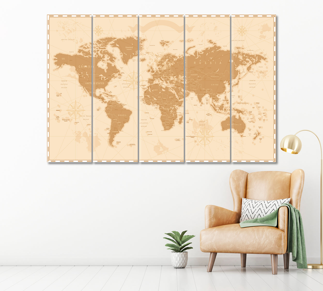 Retro World Map Canvas Print ArtLexy 5 Panels 36"x24" inches 