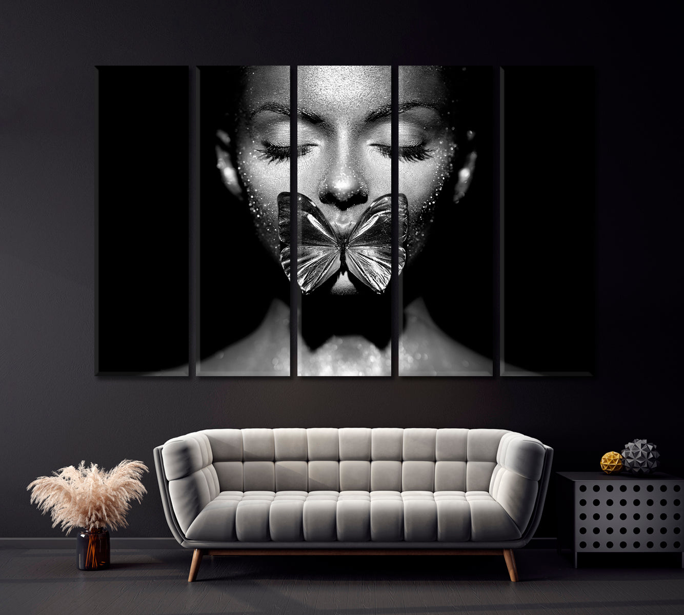 Portrait of Beautiful Woman with Butterfly Canvas Print ArtLexy 5 Panels 36"x24" inches 