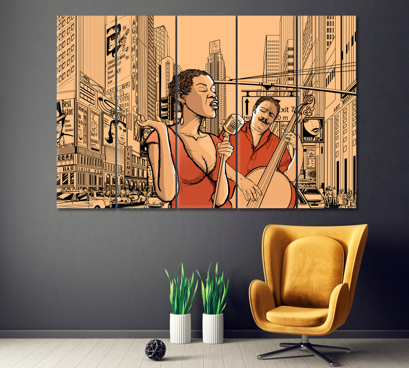 Jazz Singer in Street of New York Canvas Print ArtLexy 3 Panels 36"x24" inches 