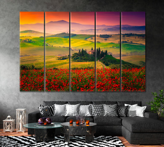 Tuscany Landscape with Poppy Field Canvas Print ArtLexy 5 Panels 36"x24" inches 