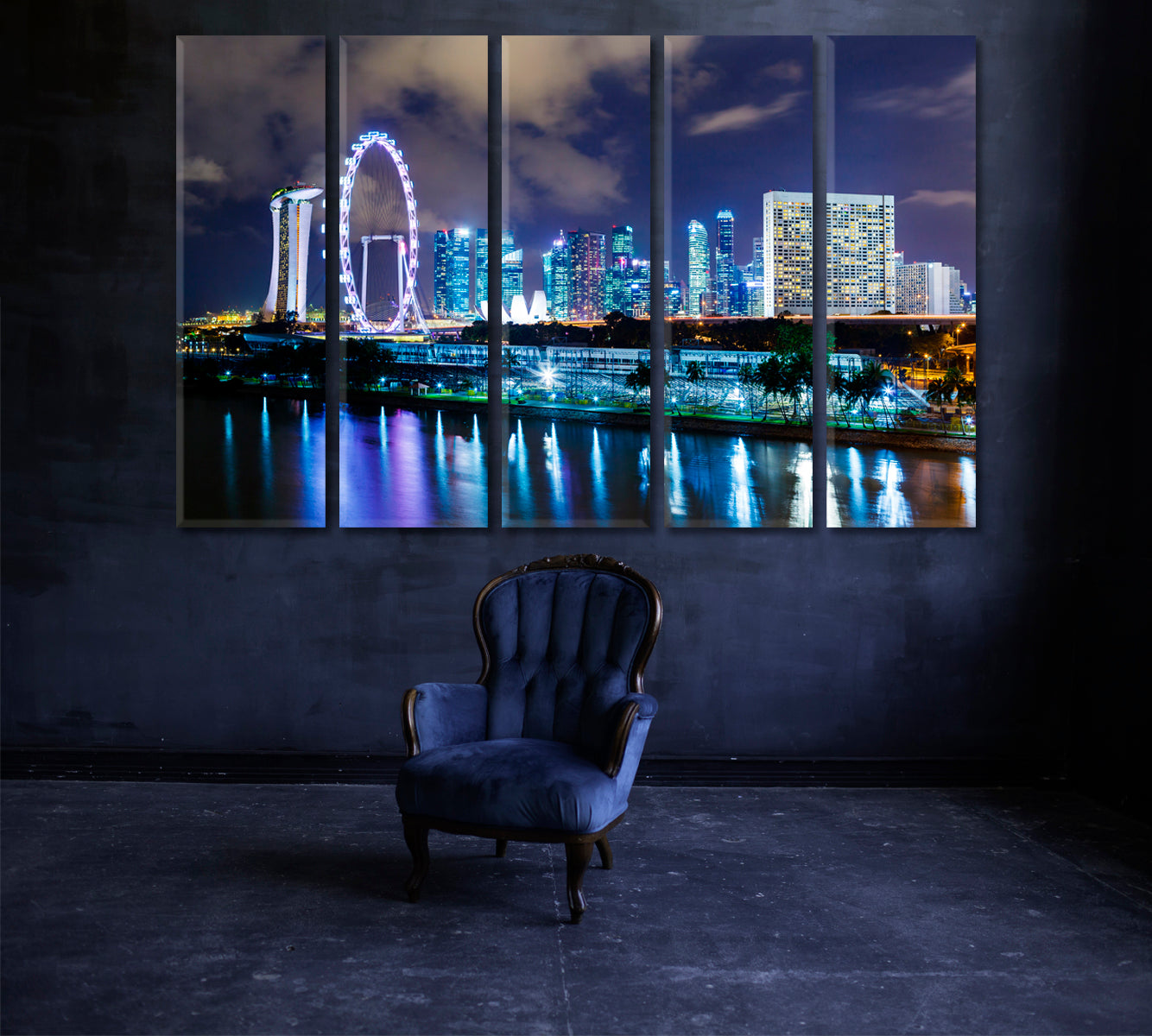 Singapore City Skyline at Night Canvas Print ArtLexy 5 Panels 36"x24" inches 