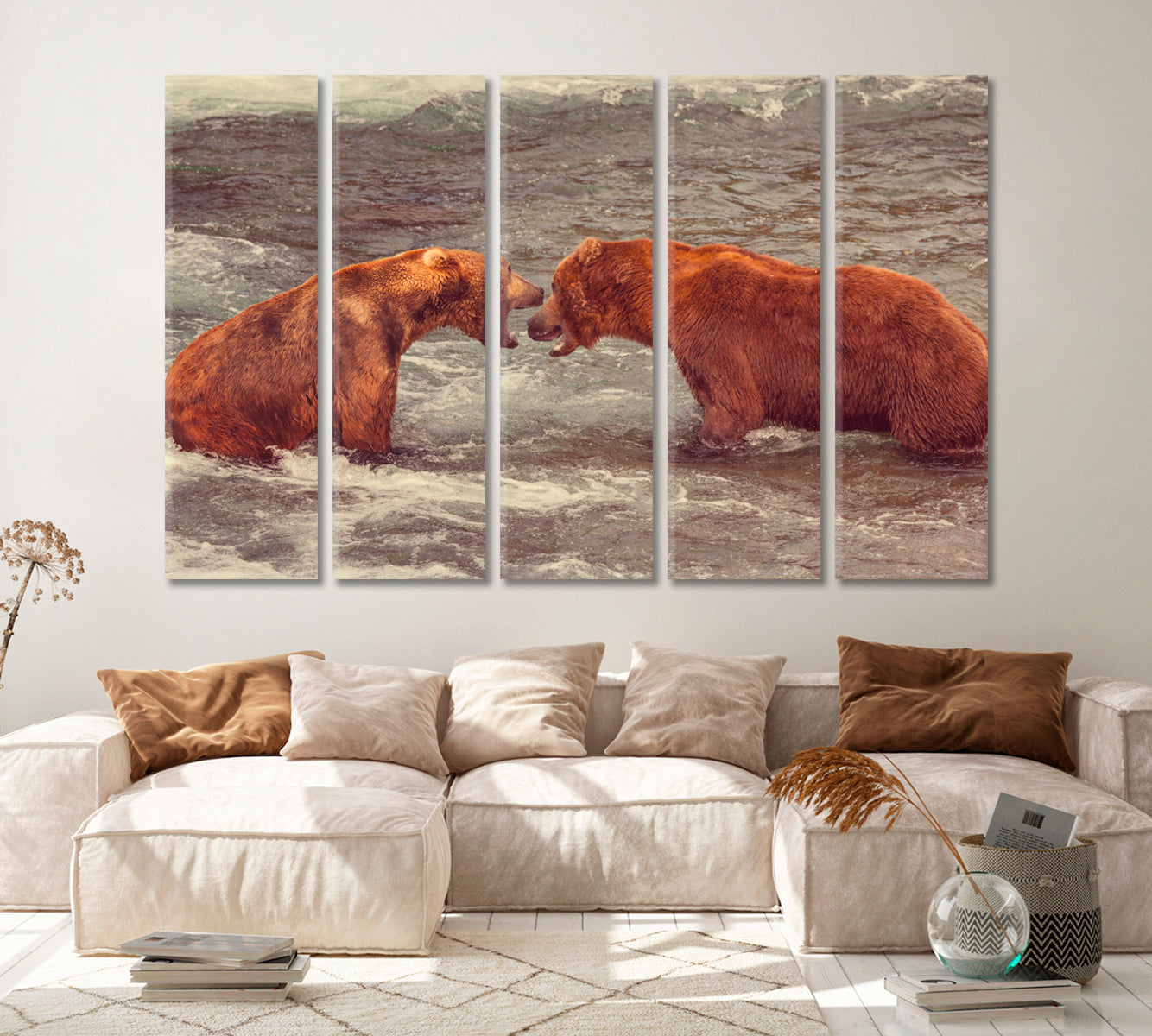 Grizzly Bears Hunting Salmon at Brooks Falls Alaska Canvas Print ArtLexy 5 Panels 36"x24" inches 