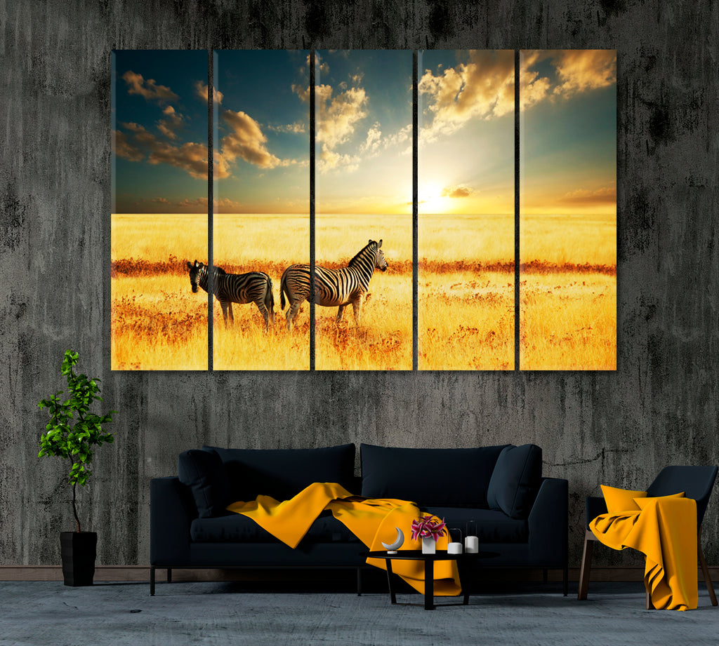 Wild Zebras in African Savannah at Amazing Sunset Canvas Print ArtLexy 5 Panels 36"x24" inches 