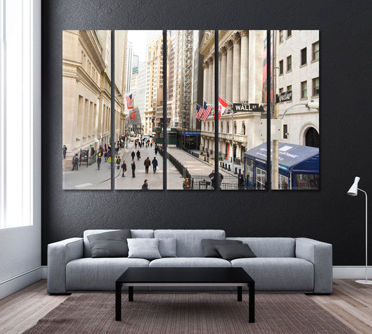 Wall Street Sign and New York Stock Exchange Canvas Print ArtLexy 5 Panels 36"x24" inches 