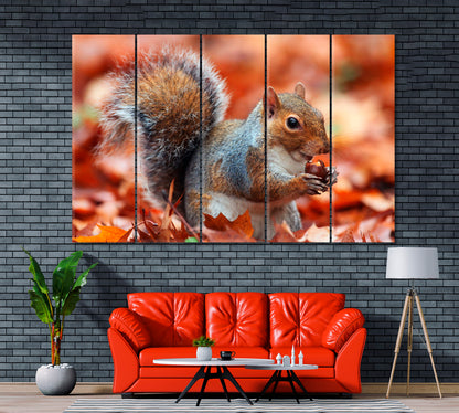 Squirrel with Acorn in Autumn Leaves Canvas Print ArtLexy 5 Panels 36"x24" inches 