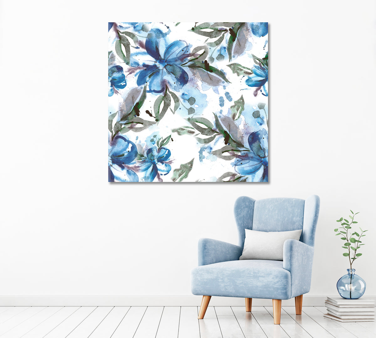 Blue Watercolor Flowers Canvas Print ArtLexy 1 Panel 12"x12" inches 