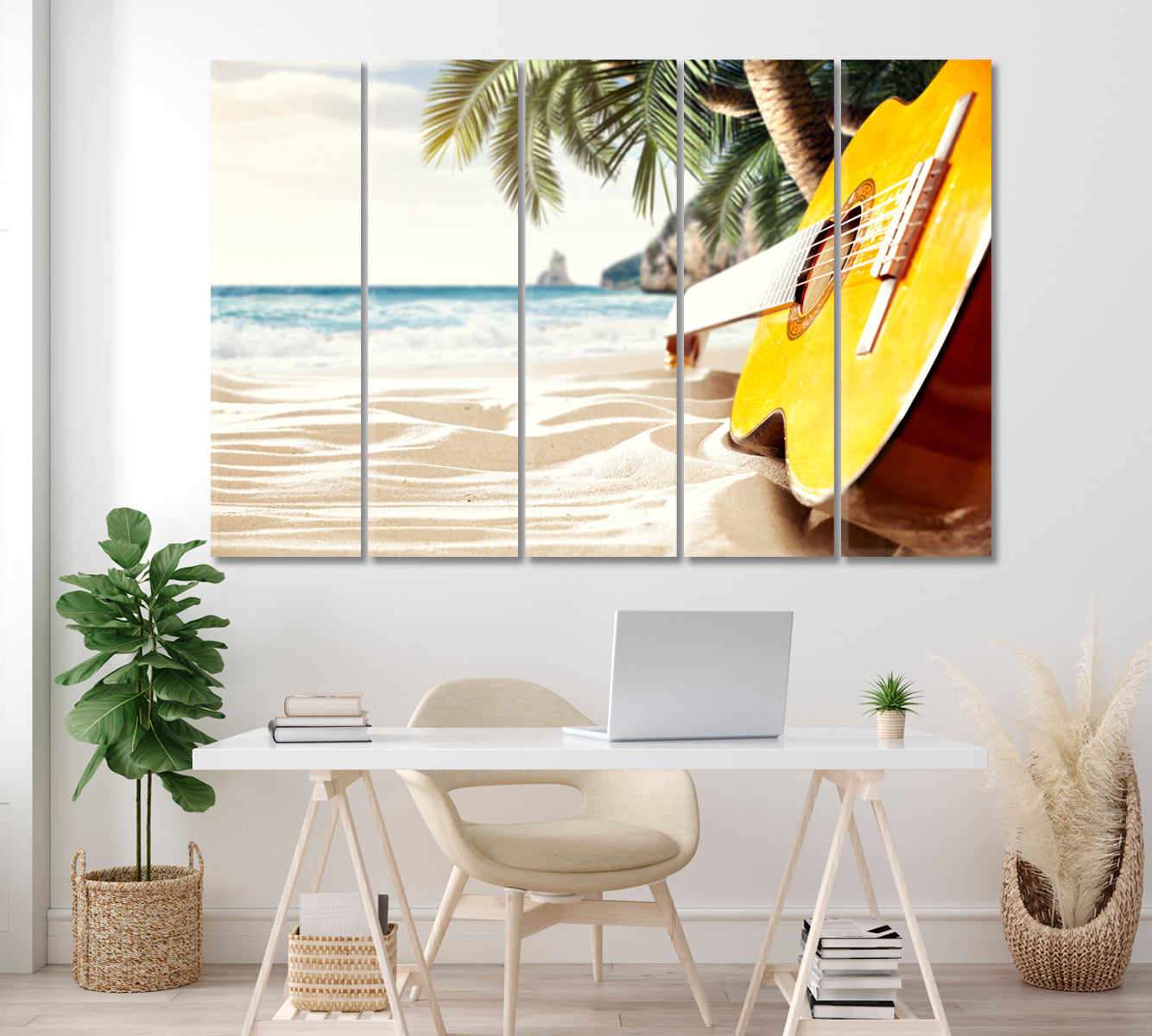 Guitar on the Sand Beach Canvas Print ArtLexy 5 Panels 36"x24" inches 