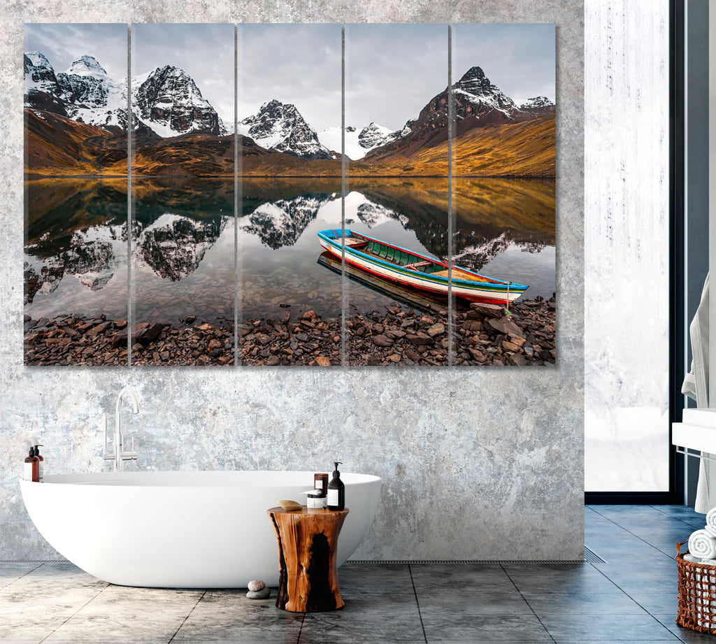 Condoriri Mountain and Laguna Chiar Khota with Boat Bolivia Canvas Print ArtLexy 5 Panels 36"x24" inches 