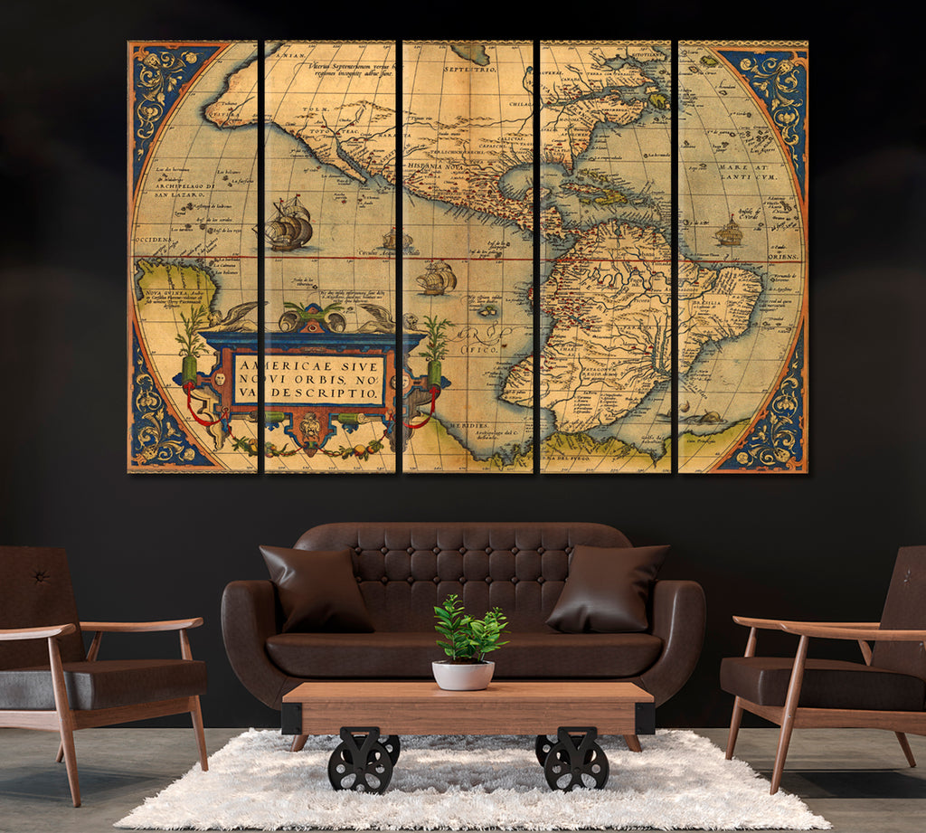 Antique Map of North and South America Canvas Print ArtLexy 5 Panels 36"x24" inches 