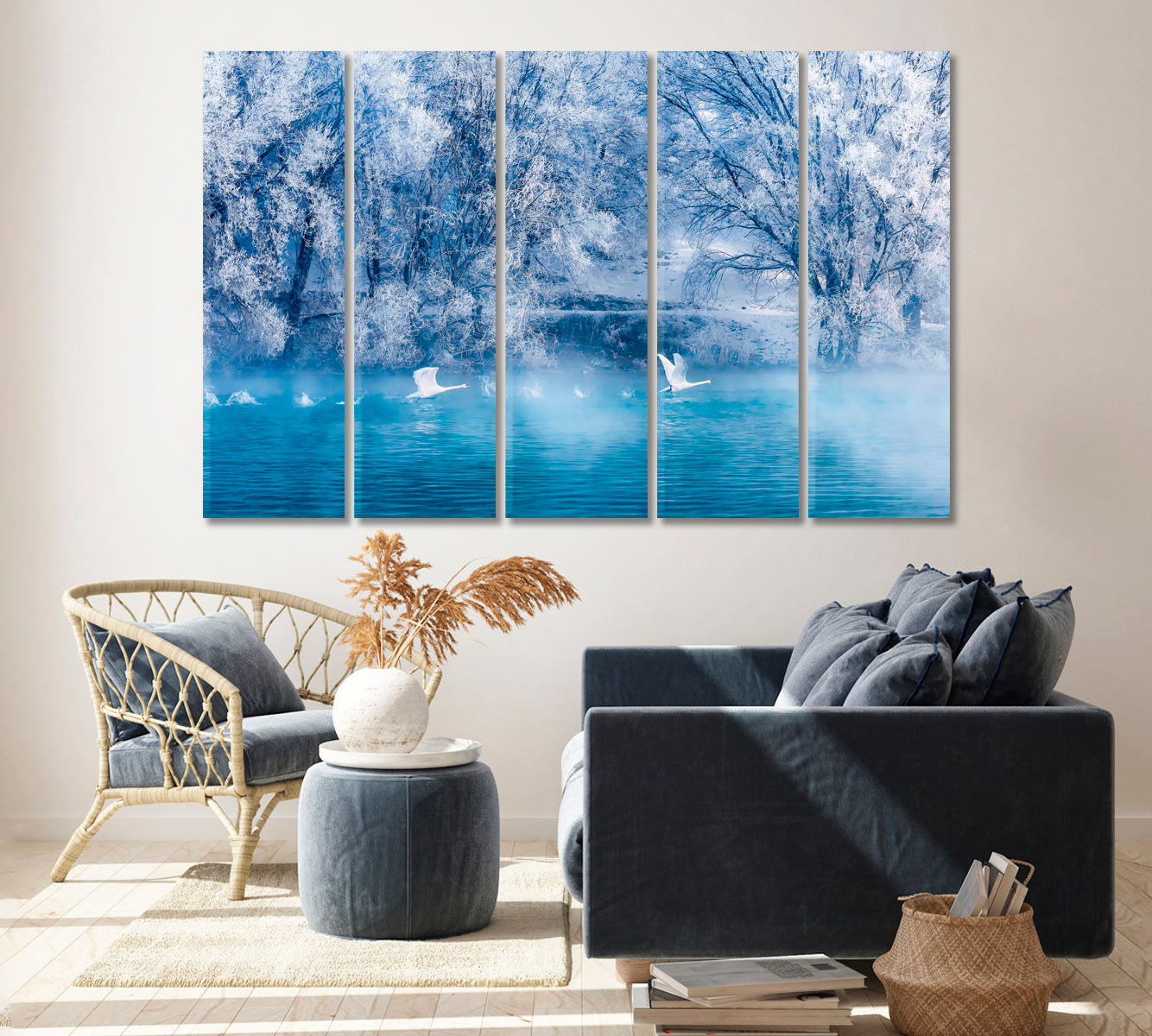 Beautiful Winter Landscape with Swans on Lake Canvas Print ArtLexy 5 Panels 36"x24" inches 