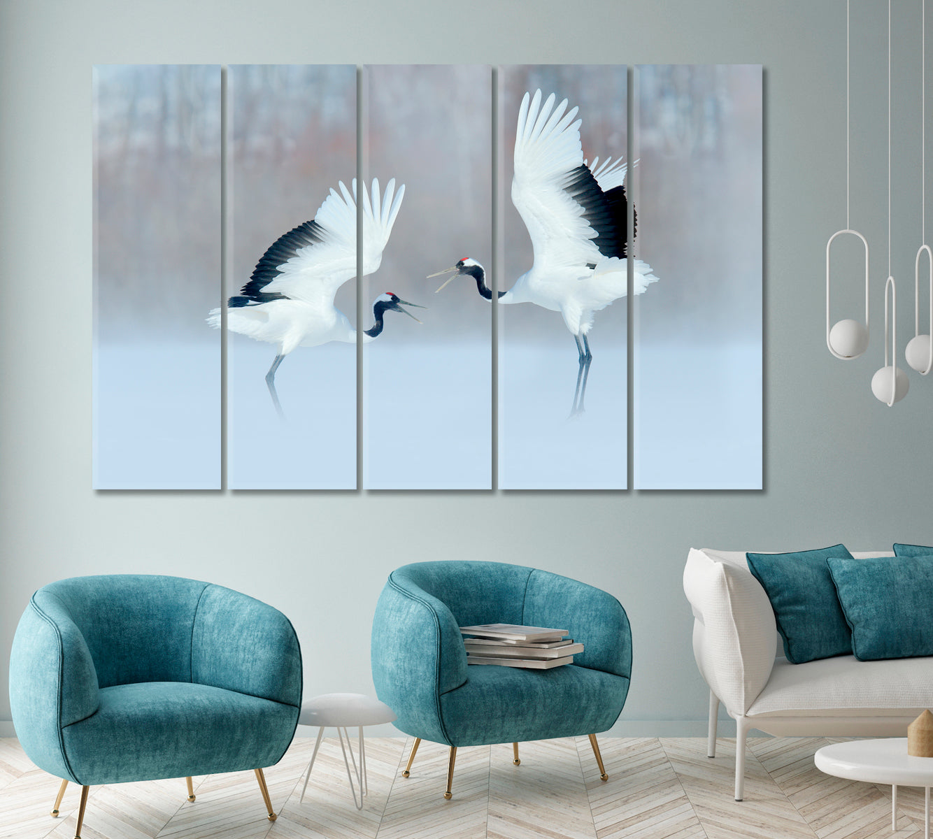 Red-crowned Crane Couple in Winter Japan Canvas Print ArtLexy 5 Panels 36"x24" inches 