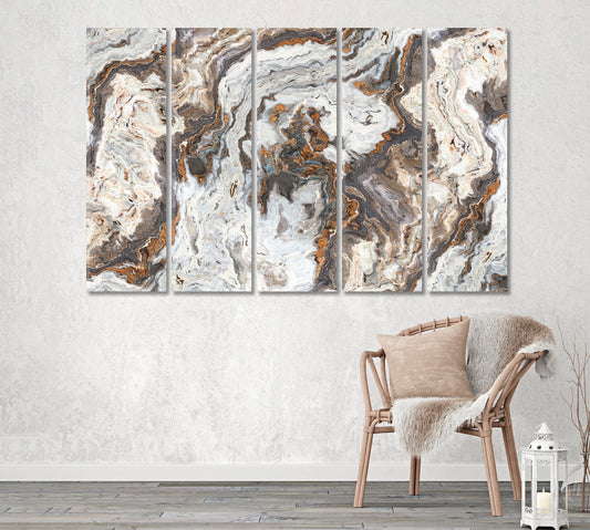 Natural Marble with Curly Grey and Gold Veins Canvas Print ArtLexy 5 Panels 36"x24" inches 