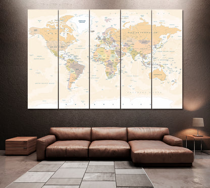 Vintage World Map Canvas Print ArtLexy 5 Panels 36"x24" inches 