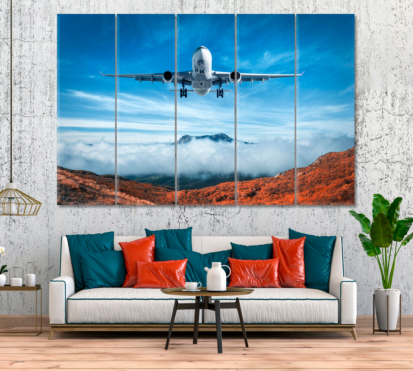 Airplane Flying over Autumn Forest Canvas Print ArtLexy 5 Panels 36"x24" inches 