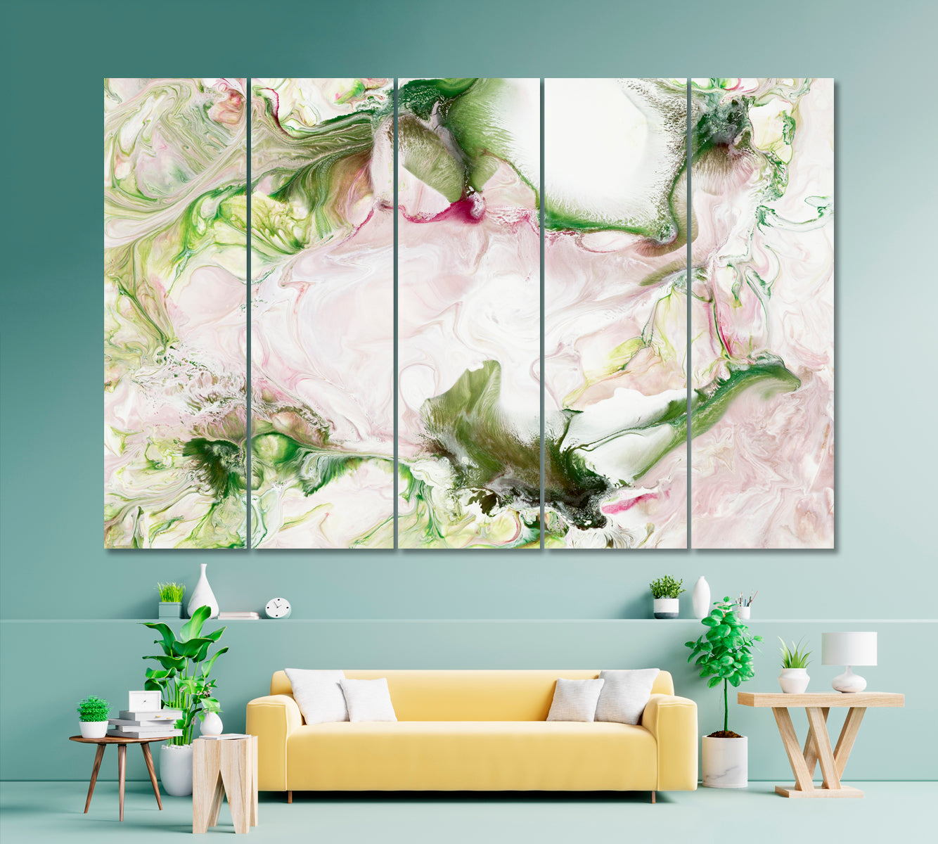 Green and Pink Abstract Composition Canvas Print ArtLexy 5 Panels 36"x24" inches 