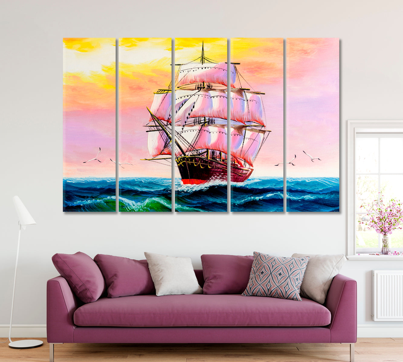 Scarlet Sail Ship Canvas Print ArtLexy 5 Panels 36"x24" inches 