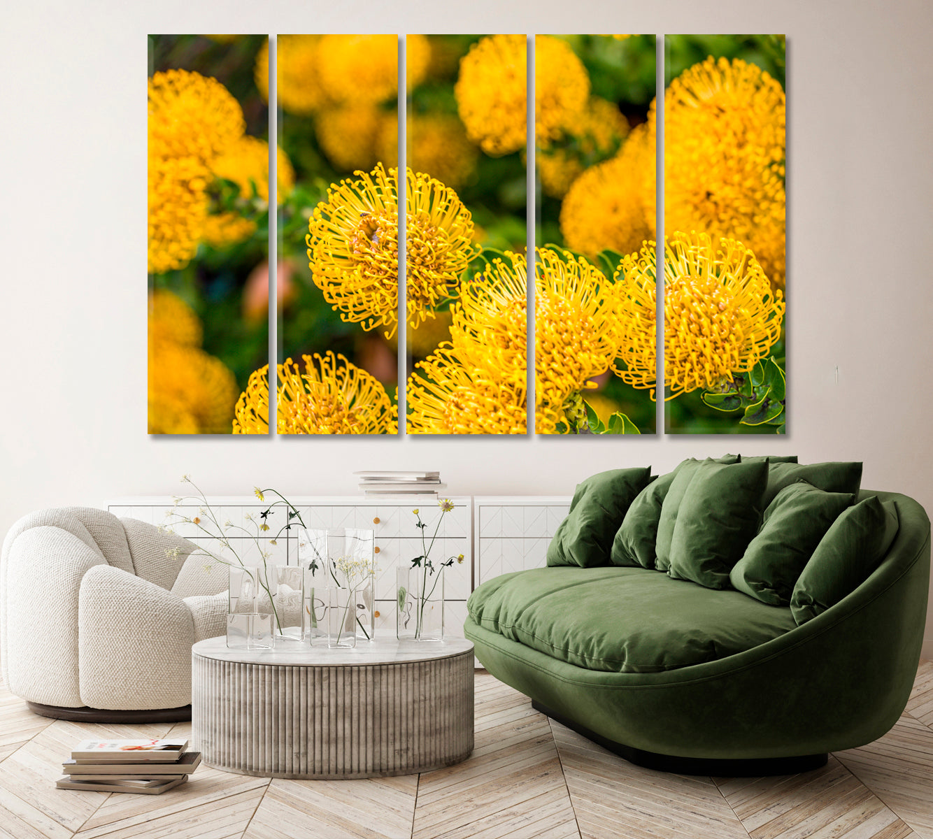 Yellow Protea Flowers Canvas Print ArtLexy 5 Panels 36"x24" inches 