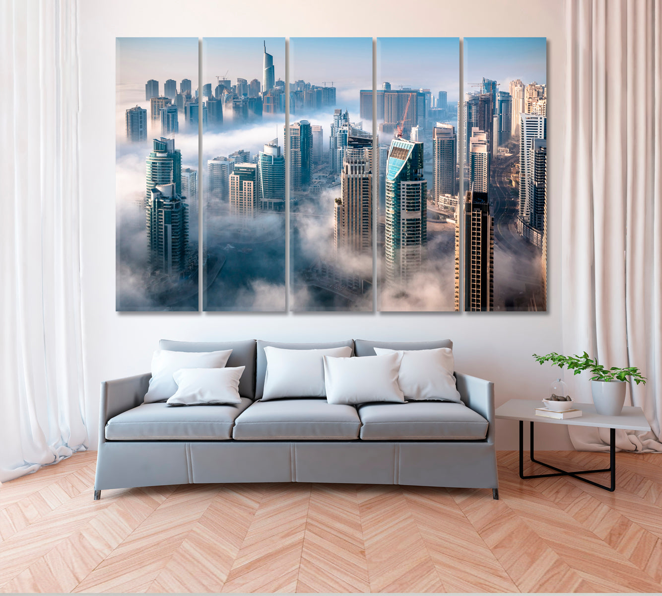 Dubai Skyscrapers on Foggy Day Canvas Print ArtLexy 5 Panels 36"x24" inches 
