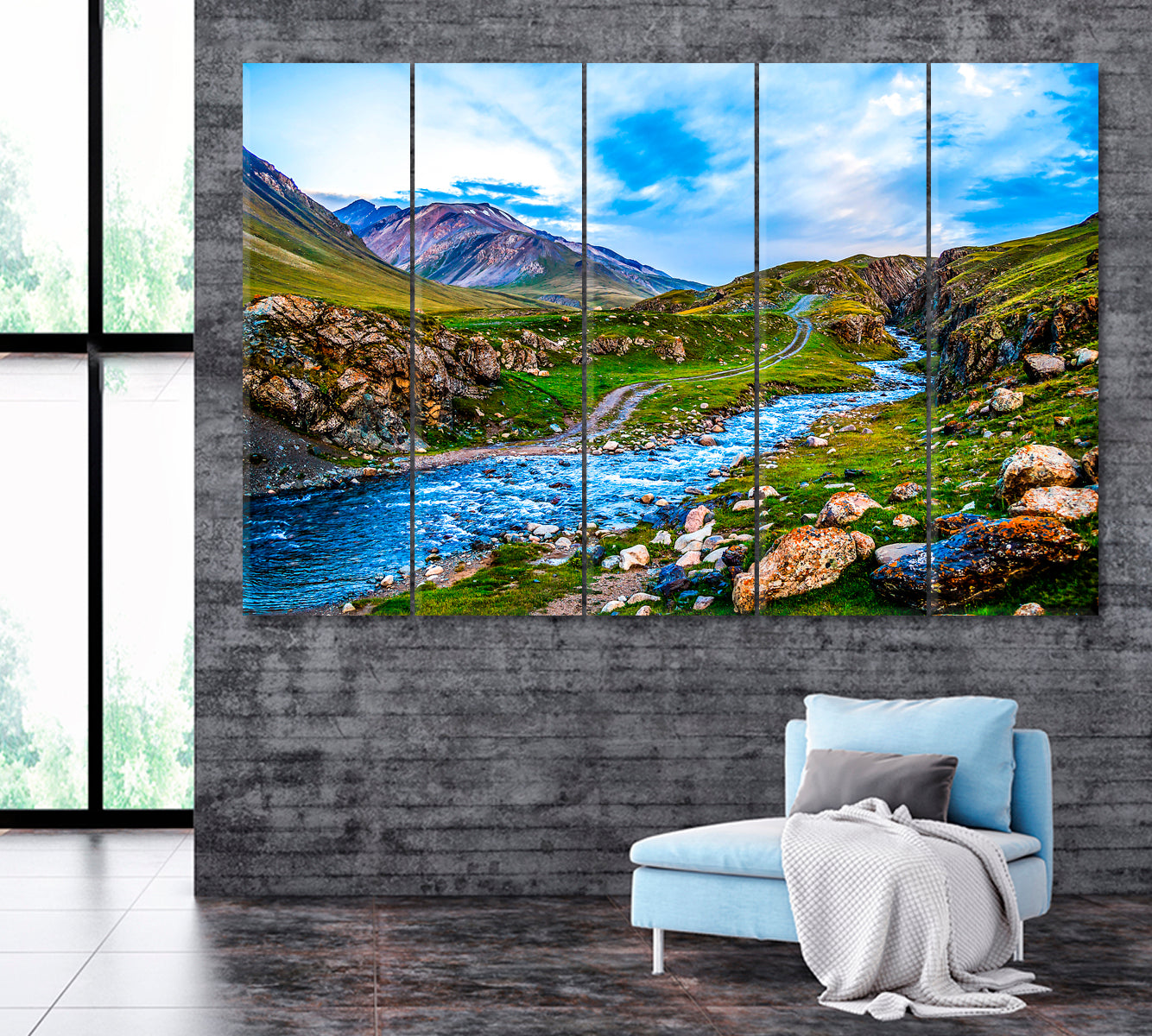 Mountain River Landscape Canvas Print ArtLexy 5 Panels 36"x24" inches 