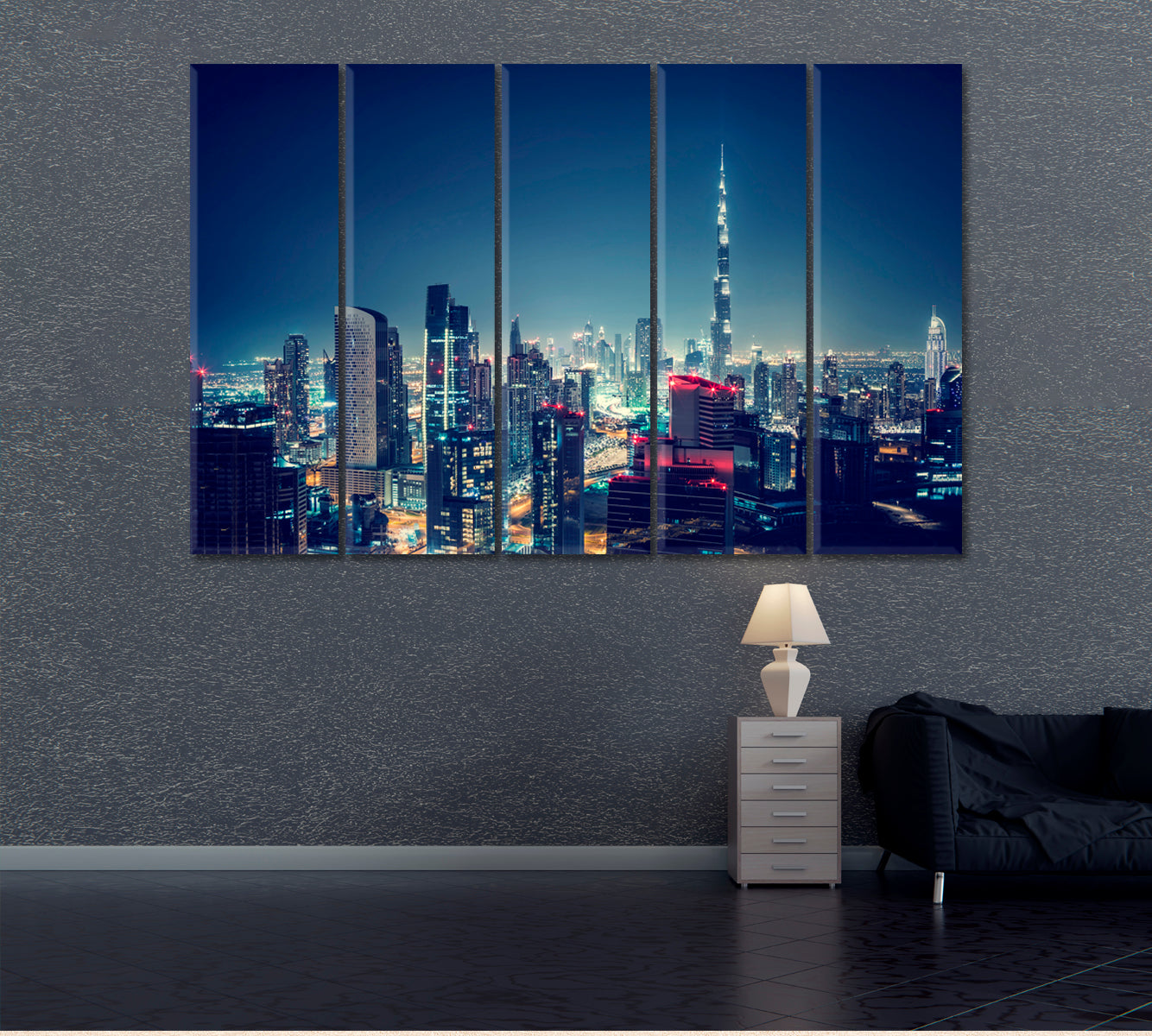 Night Dubai Downtown Skyline Canvas Print ArtLexy 5 Panels 36"x24" inches 