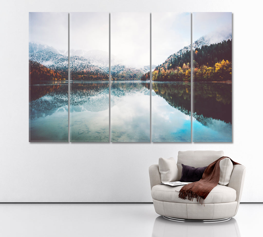 Foggy Coniferous Forest and Lake Abkhazia Canvas Print ArtLexy 5 Panels 36"x24" inches 