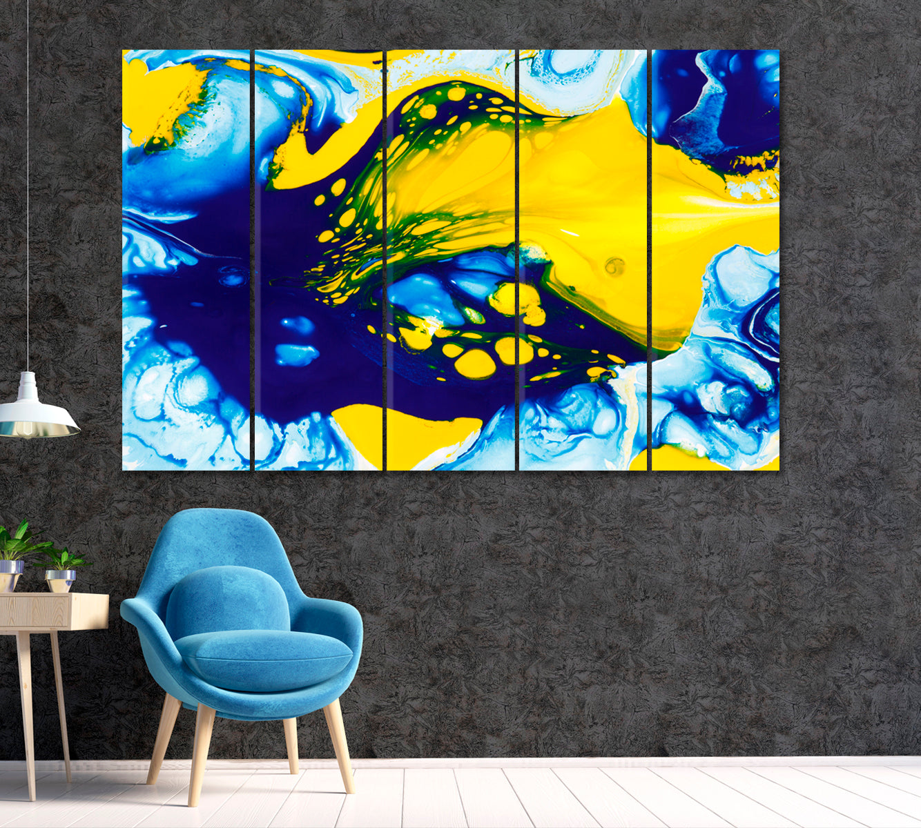 Abstract Mix Blue and Yellow Color Paints Canvas Print ArtLexy 5 Panels 36"x24" inches 