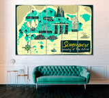 Map of Singapore with Attractions Canvas Print ArtLexy 5 Panels 36"x24" inches 