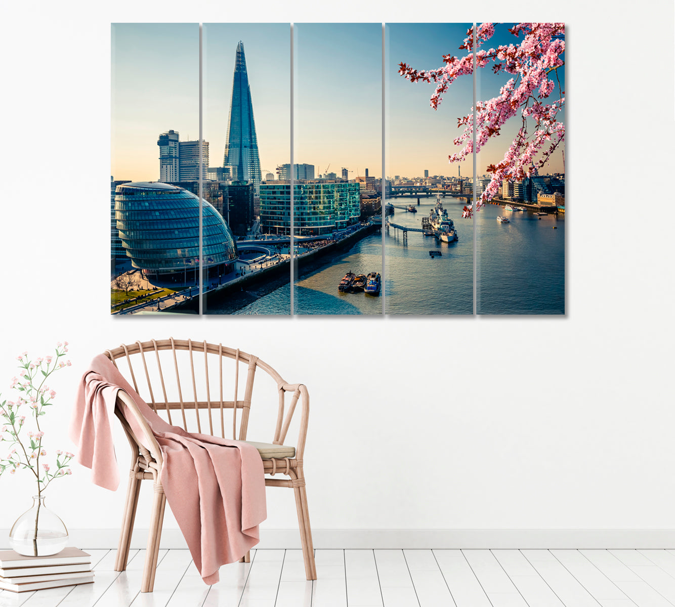 London Cityscape in Spring Canvas Print ArtLexy 5 Panels 36"x24" inches 