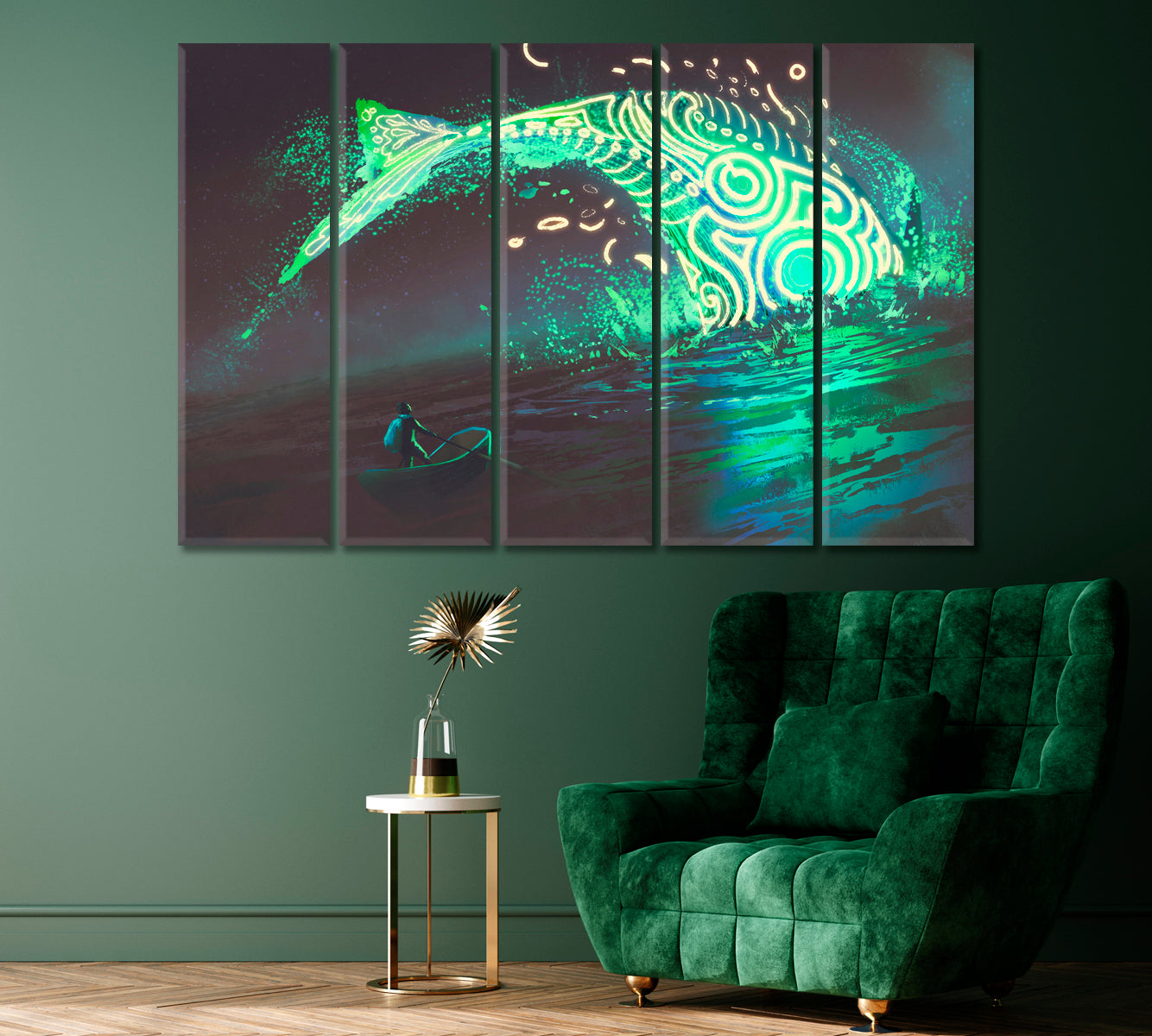 Man on Boat and Glowing Whale in Sea Canvas Print ArtLexy 5 Panels 36"x24" inches 