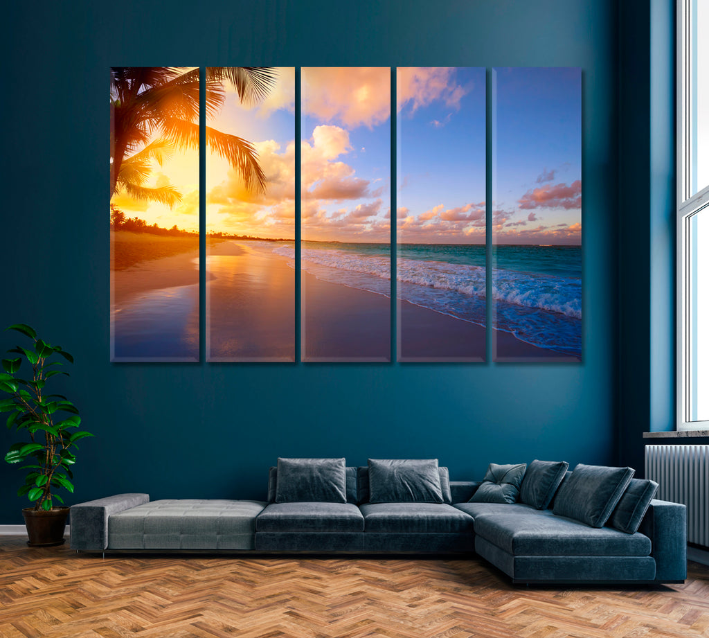 Sunrise over Tropical Caribbean Beach Canvas Print ArtLexy 5 Panels 36"x24" inches 