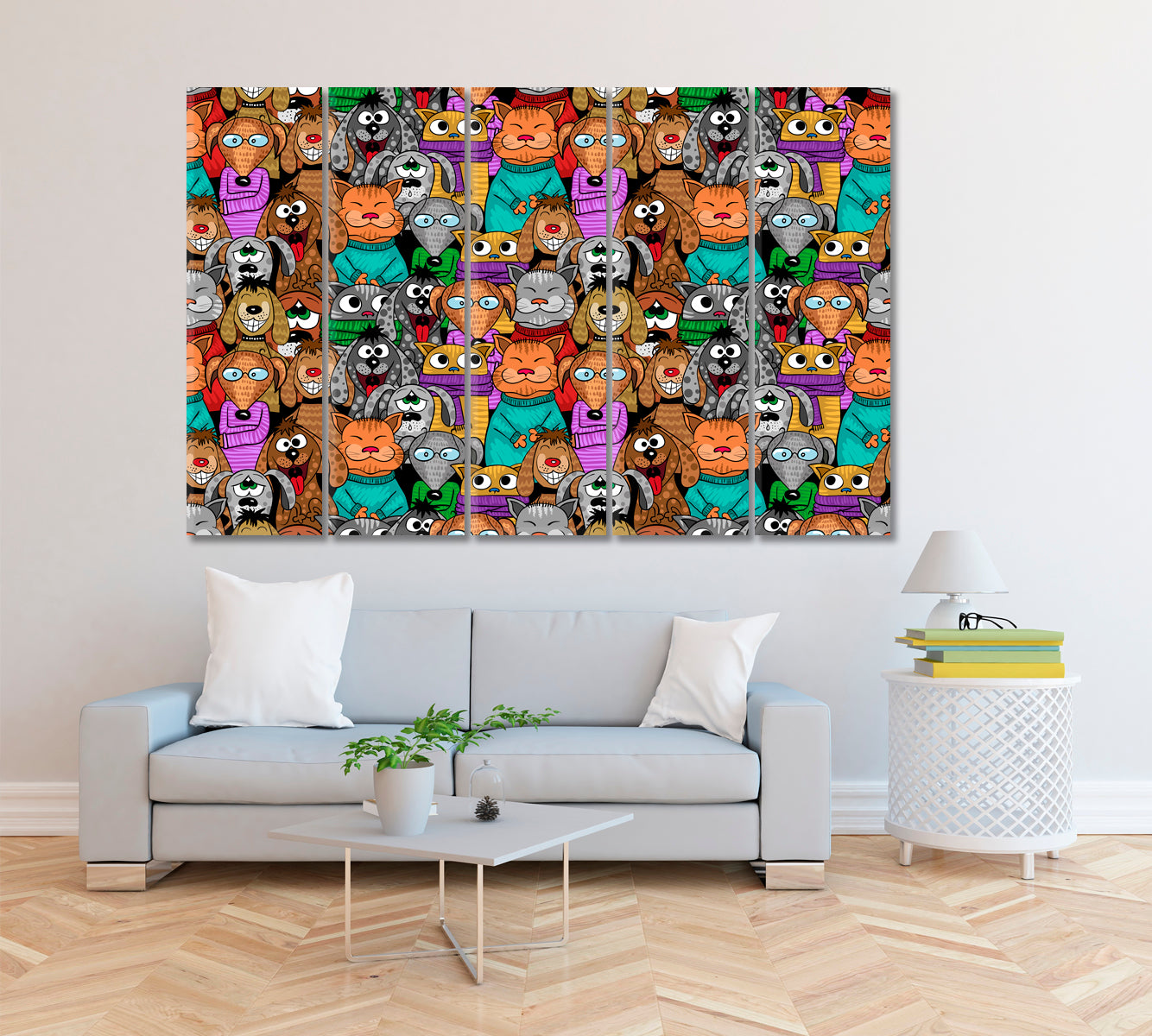 Cartoon Cats and Dogs Canvas Print ArtLexy 5 Panels 36"x24" inches 