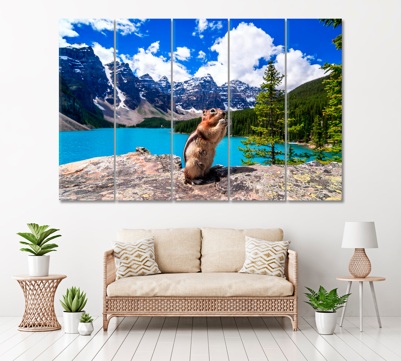 Moraine Lake with Ground Squirrel in Banff National Park Canvas Print ArtLexy 5 Panels 36"x24" inches 