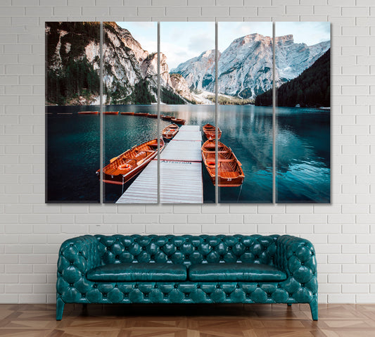Lake Braies Pragser Wildsee in Dolomites Mountains Italy Canvas Print ArtLexy 5 Panels 36"x24" inches 