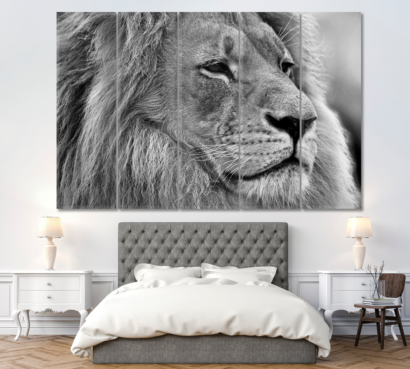 Wild Lion in Black and White Canvas Print ArtLexy 5 Panels 36"x24" inches 